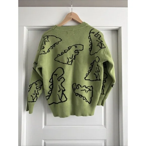 Aelfric Eden Green Dinosaur Cartoon Pattern Oversized Knit Sweater Size Small - Picture 6 of 7